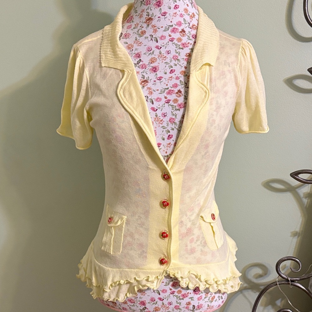 Moth Soft Yellow Knit Button Cardigan with Ruffles, size medium, Anthropology